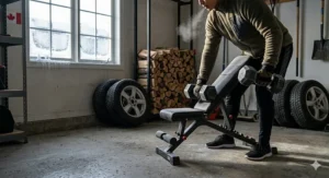 Illustration of a durable, heavy-duty portable weight bench designed to withstand cold Canadian garage gym temperatures.