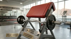 Close-up of an EZ-bar resting on the durable chrome racks of a preacher curl bench, emphasizing high-grade steel construction for the Canadian market.