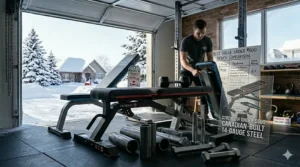 Close-up of 14-gauge steel frame on a budget-friendly weight bench under $500 showing high weight capacity.