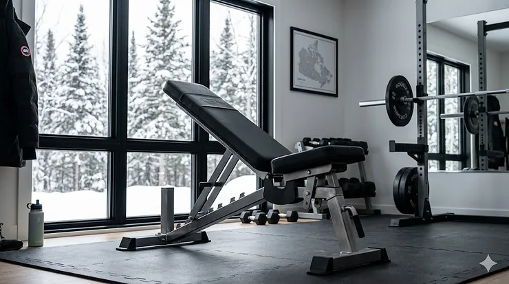 A premium heavy duty weight bench positioned in a modern Canadian home gym with a view of a pine forest through the window.