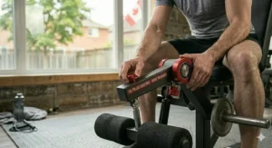 Ergonomic high-density foam padding on a weight bench designed for comfort during heavy leg extensions.