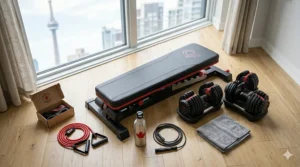 Illustration 7 is a photorealistic overhead flat-lay of Canadian home gym essentials, featuring the folded weight bench from image_0.png, adjustable dumbbells, and a maple leaf branded water bottle.