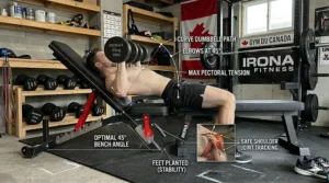 Proper form for an incline press on an adjustable weight bench to target the upper pectoral muscles.