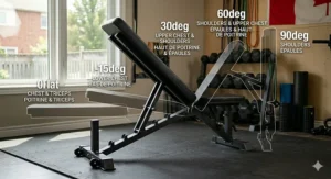 A diagram illustrating the multi-position adjustments of a folding weight bench / banc de musculation pliable, showing decline (-15°), flat (0°), incline (30°), and upright (90°) settings. Text overlays identify bilingual muscle groups like UPPER CHEST / HAUT DE POITRINE.