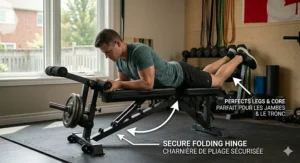 A fit man demonstrating the use of a leg developer attachment / attachement pour les jambes on a multi-function folding weight bench / banc de musculation pliable. The scene is consistent with `image_0.png`, and a bilingual text overlay identifies the attachment.