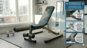 A sleek, charcoal-grey weight bench for beginners styled within a modern Canadian interior design aesthetic.