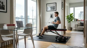 Illustration 3 shows a man in a modern condo living-dining area using the small-space weight bench from image_0.png for seated rows, demonstrating multi-purpose fitness equipment in limited spaces.
