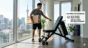 Illustration showing a portable weight bench being used straight out of the box with no assembly required.