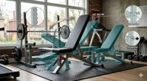 Alt text for image 4: High-detail photorealistic view of Olympic bench safety features, highlighting reinforced J-cups, adjustable spotter arms, and heavy-gauge CSA-approved steel uprights.