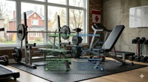 Alt text for image 8: A detailed photorealistic 4K load path diagram of an Olympic bench, highlighting reinforced steel joints and heavy-duty J-cups for high-capacity Canadian powerlifting.