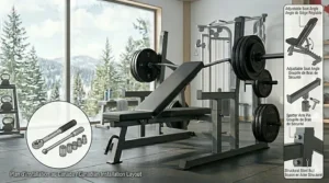 Infographic of Olympic weight bench features with bilingual English and French descriptions.