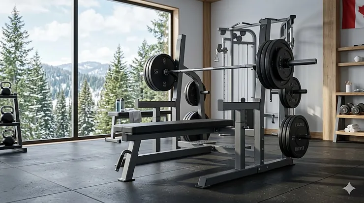 A heavy-duty Olympic weight bench with a barbell and plates in a modern Canadian home gym setting.