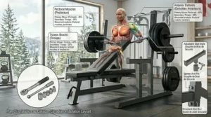 Anatomical illustration of muscle groups worked using an Olympic weight bench for chest press.