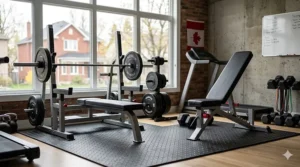 Alt text for image 2: Photorealistic 4K technical overlay showing the Olympic weight bench footprint and rack height dimensions in centimeters (cm) for Canadian gym planning.