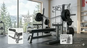 Illustration of adjustable safety spotter arms on a professional Olympic weight bench.