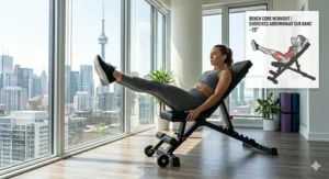 Illustration of an athlete performing a core workout on a portable weight bench in a minimalist gym setting.
