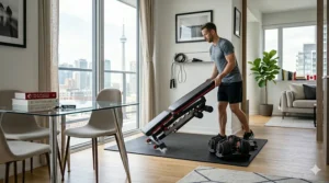Illustration 4 shows a man easily moving the compact weight bench from image_0.png across a light wood floor in a small Canadian apartment, utilizing the built-in transportation wheels.
