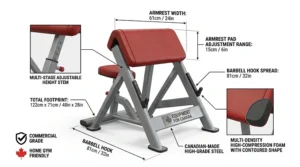Technical diagram showing the specific dimensions, footprint, and adjustable seat height of the preacher curl bench for gym planning.