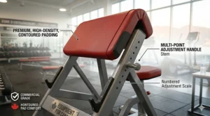 High-detail close-up of the premium, high-density contoured padding and numbered adjustment stem on a commercial-grade preacher bench.