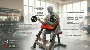 Anatomical muscle activation chart highlighting the targeting of the bicep brachii and brachialis muscles using a preacher curl bench.