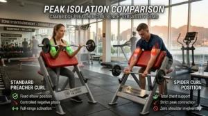 Split-frame comparison demonstrating the difference in bicep peak isolation between a standard preacher curl and a spider curl position.