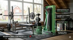 Alt text for image 9: A photorealistic 4K functional schematic showing an optional leg developer attachment being added to a utility bench for leg extensions and curls in a home gym.