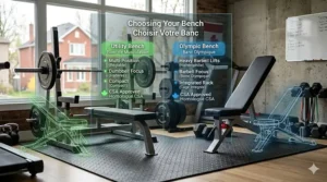 Alt text for image 7: Photorealistic 4K demonstration of a space-saving utility bench folded vertically for storage, with dimensions in centimeters for compact Canadian basement gyms.