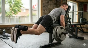 Illustration showing a multifunctional weight bench with leg extension used for bench press and leg curls (banc de musculation).