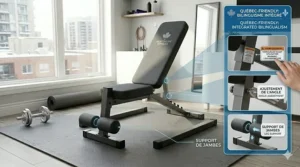 Close-up of a weight bench for beginners with bilingual English and French safety labels, tailored for the Quebec and broader Canadian markets.