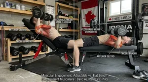 Illustration showing chest and shoulder muscle activation differences when using an adjustable vs flat weight bench.
