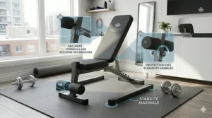 Detailed illustration of a safety-lock pin on a weight bench for beginners to ensure stability during home workouts.