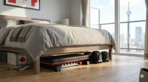 Illustration 6 shows the black and red foldable weight bench from image_0.png in its fully folded configuration, slid neatly under a standard bed frame for small-bedroom storage.