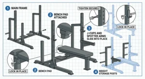 Sequential assembly diagram (Step 1) showing how to connect the main frame components of the weight bench with rack.