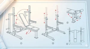 Engineering blueprint view illustrating the multi-position adjustability of the bench backrest and squat stands on this weight bench with rack.
