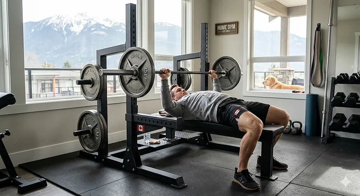 Premium, heavy-duty adjustable weight bench with rack (banc de musculation avec support) shown in a modern Canadian home gym with a mountain view.