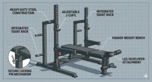Diagram illustrating versatility, showing a user performing diverse exercises, including bench press, squats, and lunges using the weight bench with rack.