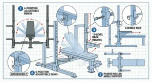 Sequential assembly diagram (Step 4) showing the final attachment of accessories (like the leg developer) to complete the weight bench with rack.