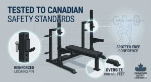 Illustration highlighting safety components, including reinforced locking pins and integrated spotter arms on a heavy lifting weight bench with rack.