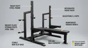 Detailed technical schematic and specifications of a reinforced steel weight bench with rack, listing precise measurements and load capacities.