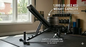 A strong safety diagram showing a folding weight bench / banc de musculation pliable tested with a heavy load. Bilingual text overlays highlight 'HEAVY-DUTY FOR CANADIAN ATHLETES / ROBUSTE POUR LES ATHLÈTES CANADIENS' and show metric weight capacity in kilograms.
