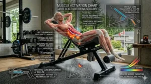 Diagram showing versatile core exercises including leg raises and twists on a multi-functional ab bench Canada.