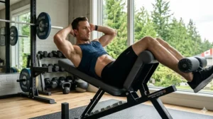 Fitness enthusiast performing a decline crunch on an ab bench in Canada, demonstrating proper core workout form.