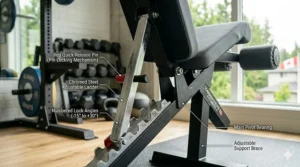 Close-up of the secure ladder adjustment mechanism on a multi-angle workout bench for Canadian home gyms.