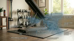 Illustration of a multi-position adjustable weight bench under $300 featuring an ergonomic leg ankle roller lock for decline workouts.