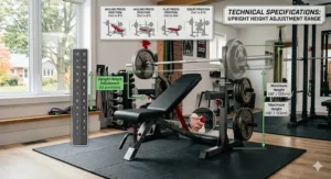 Diagram highlighting the adjustable upright heights on a weight bench rack to accommodate different user heights and exercise types like squats or chest presses.