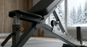 Close-up illustration of a secure ladder-style adjustment system on a heavy-duty flat to incline bench.
