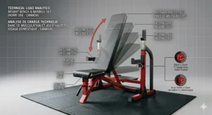 Illustration of an adjustable weight bench showing flat, incline, and decline positions for use with a barbell set. | Banc de musculation réglable avec positions inclinée, plane et déclinée.