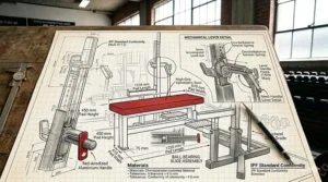 An illustration of an IPF approved bench press combo rack configured for a CPU sanctioned powerlifting meet in Canada.