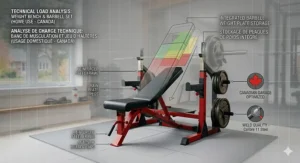 Illustration showing integrated weight plate storage pegs on a weight bench and barbell set, ideal for keeping Canadian garage gyms organized and safe.