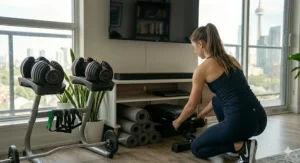 The compact weight bench being easily stored under a bed in a small apartment.